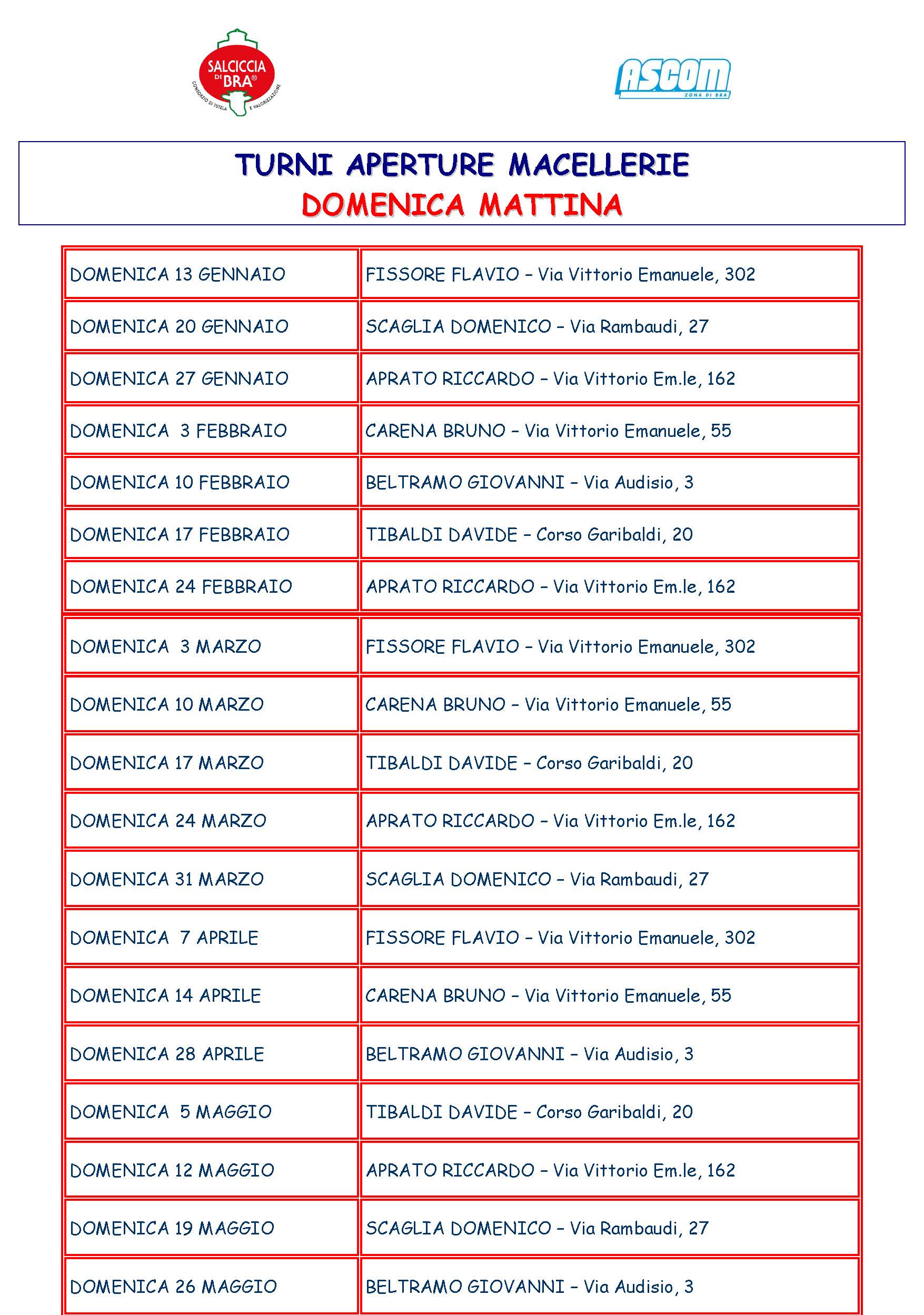 TURNI APERTURE macellerie Bra gennaio maggio 2019